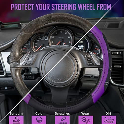 CAR PASS Line Rider Microfiber Leather Sporty 14.5-15 inch Steering Wheel Cover Universal Fits for 95% Truck,SUV,Cars, Anti-Slip Safety Comfortable Design (Black Purple)