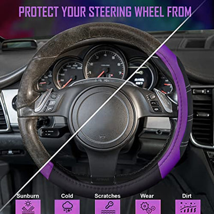 CAR PASS Line Rider Microfiber Leather Sporty 14.5-15 inch Steering Wheel Cover Universal Fits for 95% Truck,SUV,Cars, Anti-Slip Safety Comfortable Design (Black Purple)