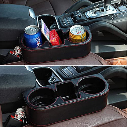 Car Cup Holder, Auto Front Seat Cup Holder, PU Leather Cover Cup Drink Holder, Car Seat Gap Filler Organizer, Side Cup Holder for Car Coin Bucket, Cell Mobile Phone Holder, Black