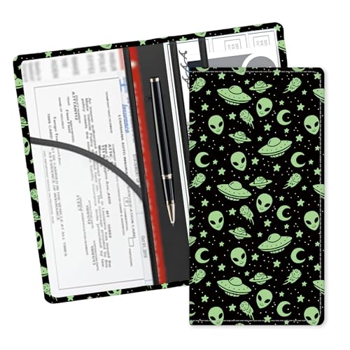 Leather Car Registration and Insurance Card Holder, Cute Car Accessories Vehicle Glove Box Car Organizer for Documents, Cards, License Cute Green Aliens - color: Cute Green Aliens