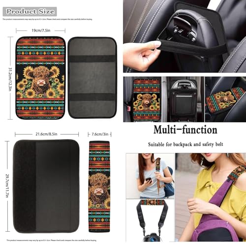 Dreaweet Car Seat Covers Full Set with Steering Wheel Cover/Armrest Cover/Seatbelt Covers/Cup Coasters/Gear Shift Cover/Handbrake Cover,12 Pcs Aztec Highland Cow Sunflower Car Accessories Deocr - color: Aztec Highland Cow Sunflower