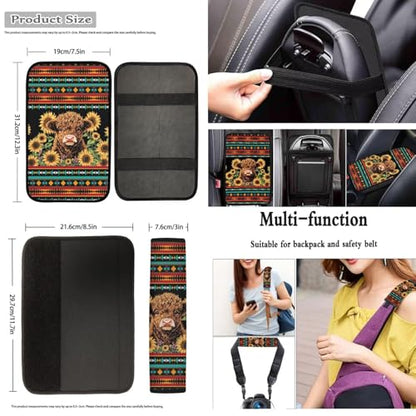 Dreaweet Car Seat Covers Full Set with Steering Wheel Cover/Armrest Cover/Seatbelt Covers/Cup Coasters/Gear Shift Cover/Handbrake Cover,12 Pcs Aztec Highland Cow Sunflower Car Accessories Deocr - color: Aztec Highland Cow Sunflower