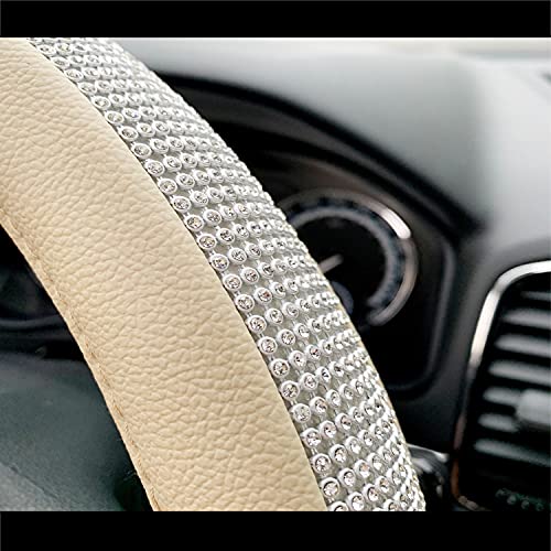 Beige Universal Non-Slip Crystal Steering Wheel Cover with PU Leather and Bling Diamond Rhinestones,Decorative Sparkly Car Accessories case,15''