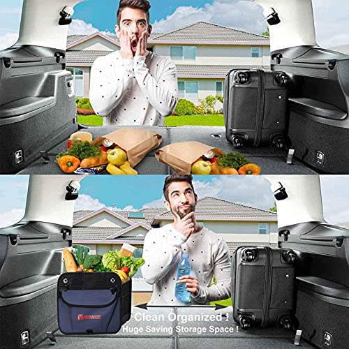 AUTOARK Multipurpose Car Trunk Organizer with Foldable Lid and Straps,Non-Slip Waterproof Bottom,Durable Collapsible Adjustable Compartments Cargo Storage,Navy Blue,AK-142
