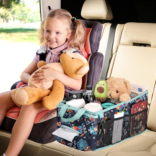 HEYSKAY Car Seat Organizer-Passenger Seat Organizer, Collapsible Small Car Seat Organizer for Console Front/Back, Car Caddy with 4pc Drink Holders Automotive Backseat Organizer for Kids - color: Floral print