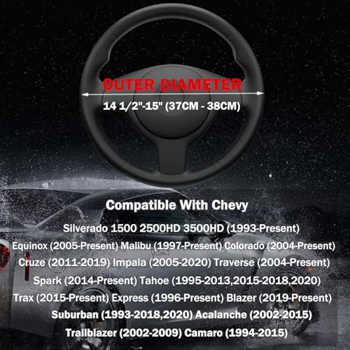 Steering Wheel Cover for Chevy Chevrolet Silverado 1500 2500 HD 3500HD Equinox Malibu Colorado Cruze Impala Traverse Spark Tahoe Trax Car Truck Accessories, 2026 Black Leather 14.5-15 inch