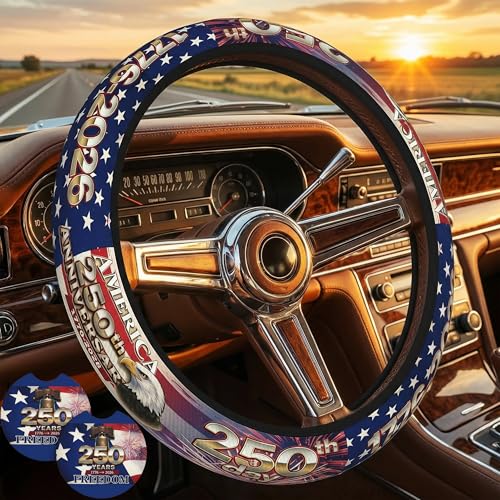 Anniversary American Flag Steering Wheel Cover Anniversary American USA Flag Steering Wheel Cover Car Men Breathable Universal for 14-15 Inch Anti-Slip 2 Pieces Car Coasters - color: 1American Anniversary