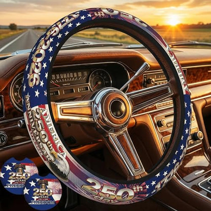 Anniversary American Flag Steering Wheel Cover Anniversary American USA Flag Steering Wheel Cover Car Men Breathable Universal for 14-15 Inch Anti-Slip 2 Pieces Car Coasters - color: 1American Anniversary