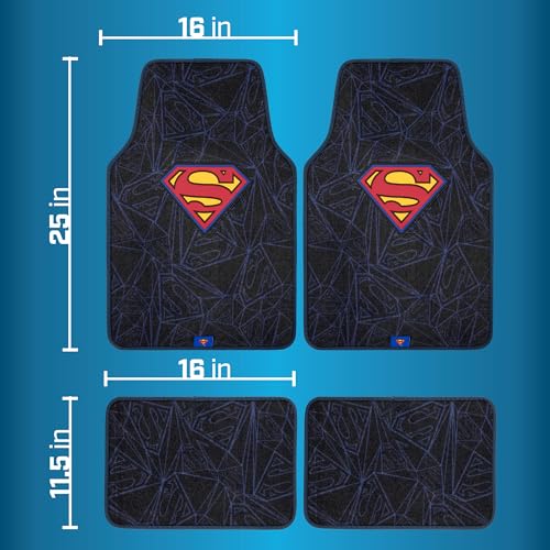 Warner Bros DC Comics Superman 4pc Carpet Floor Mats Car Accessories - Set for Car, Truck, Van, SUV - No-Slip Grip - Universal Fit Front 26" x 16.5", Rear 14" x 16.5" - style: Superman