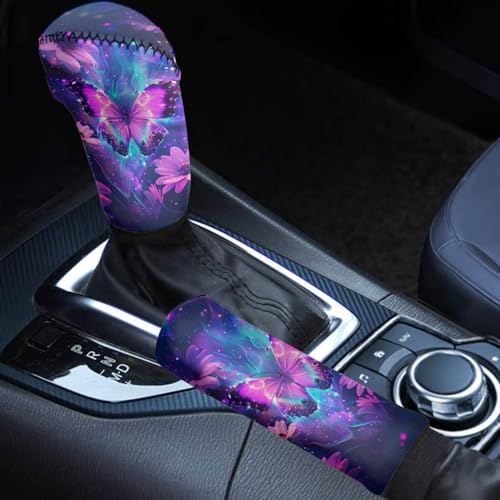 Butterfly Flower Printed Car Handbrake Cover Gear Shift Knob Cover, Car Gear Shift Knob Cover with Handbrake Cover, Smooth Breathable Car Accessories, Set of 2 - color: Butterfly Flower - Purple