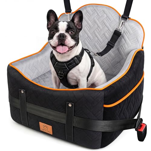 Dog Car Seats for Small Medium Dogs up to 35 lbs – Dog Booster Car Seat with 5.3-Inch Memory Foam, Dual Safety Leashes, Detachable Washable Cover & Storage Pockets, Soft Travel Dogs Bed (Black)