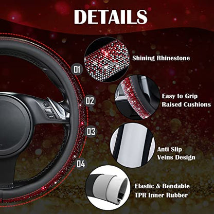 CAR PASS Bling Diamond Leather Steering Wheel Cover, Bling Sparkly Crystal Glitter Rhinestones Universal Fit 14" 1/2-15" Car Wheel Protector for Women Girl Fit Suvs,Vans,Sedans,Trucks, Red Silver - color: Red Silver Diamond