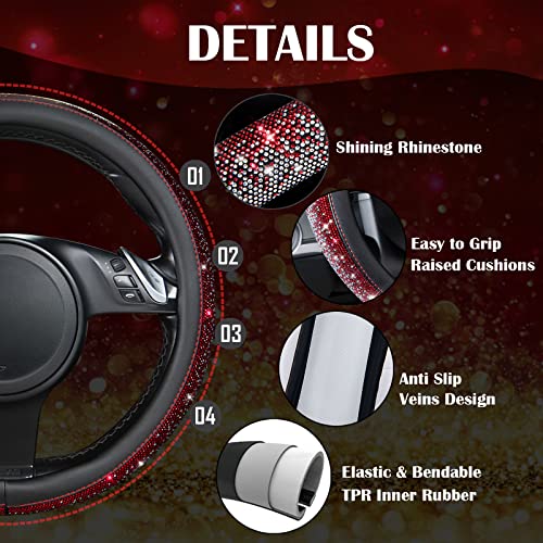 CAR PASS Bling Diamond Leather Steering Wheel Cover, Bling Sparkly Crystal Glitter Rhinestones Universal Fit 14" 1/2-15" Car Wheel Protector for Women Girl Fit Suvs,Vans,Sedans,Trucks, Red Silver - color: Red Silver Diamond