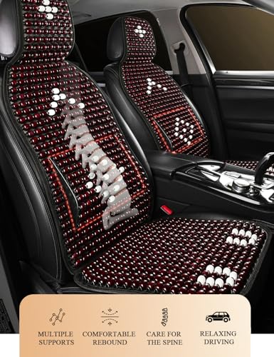 Wood Beaded Car Seat Cover Massaging Breathable Cooling Wine Red Real Wood Bead Cushion Universal Fit for Sedan, SUV & Truck. The Ergonomic Lumbar Support Can Relieve Painful from Long Trips