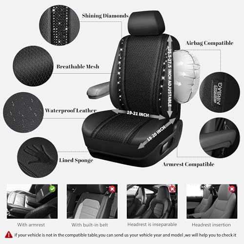 CAR PASS Memory Foam Mesh Bling Diamond Car Seat Cover 2 Front Seats Breathable Soft Sponge Universal Shining Glitter Sparkly Crystal Fit Armrest Automotive Truck SUV Cute Women Girl, Black Rhinestone - color: Black Mesh, size: Two Front Seats