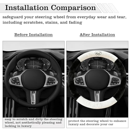 Camellia Flower Plush Steering Wheel Cover, Universal 14.5-15 Inch Winter Plush Warm Steering Wheel Cover, Soft Fluffy, Anti-Slip Design, Soft Texture (Black+White) - color: Camellia Flower