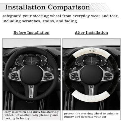 Camellia Flower Plush Steering Wheel Cover, Universal 14.5-15 Inch Winter Plush Warm Steering Wheel Cover, Soft Fluffy, Anti-Slip Design, Soft Texture (Black+White) - color: Camellia Flower