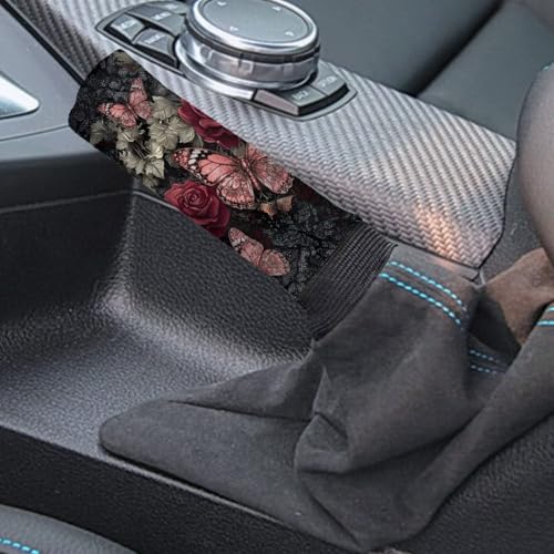 Butterfly Rose Pattern Car Handbrake Cover Gear Shift Cover Set Breathable Car Handbrake Grip Cover with Car Shift Knob Cover for Cars Truck SUV, Pack of 2 - color: Butterfly Rose