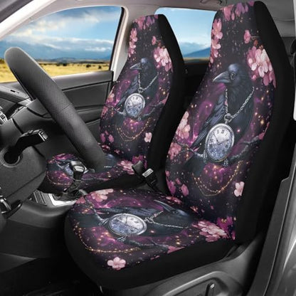 Crow Cherry Blossom Clock Print Universal Car Seat Covers Full Set of 2, Non-Fading Auto Front Bucket Seats Protector Washable Bucket Seat Covers Fit for SUV, Van, Truck, Sedan - color: Crow Cherry Blossom Clock