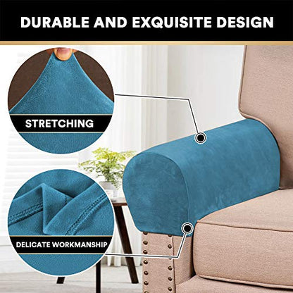 2 Pack Thick Velvet Stretch Armrest Covers for Chairs and Sofas, Non Slip, Blue - color: Blue