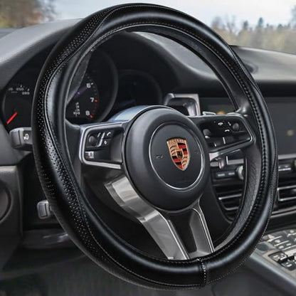 Top Grade Black Genuine Leather Steering Wheel Cover Men Women, Luxury Steering Wheel Cover for Cars, SUVS and Trucks，Universal 14.5-15 inch