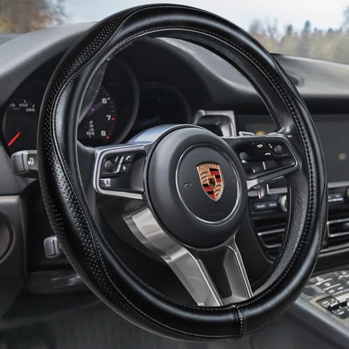 Top Grade Black Genuine Leather Steering Wheel Cover Men Women, Luxury Steering Wheel Cover for Cars, SUVS and Trucks，Universal 14.5-15 inch