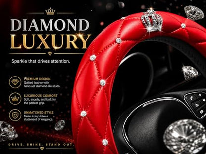 Bling Sparkly Crown Soft Leather Car Steering Wheel Cover for Women Girl,Bling Diamond Crystal Glitter Rhinestones Universal Fit 14.5in-15in Auto Wheel Protector for Suvs,Vans,Sedans,Cars (Crown-Red) - color: Crown-Red