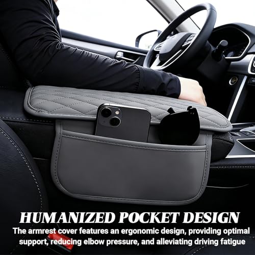 Car Center Console Cover, Upgraded Microfiber Car Armrest Cover Cushion, with 2 Storage Bags Scratch, Resistant Leather Cars Armrest Storage Box Universal Vehicles Accessories (Gray) - color: Gray