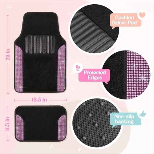 Carbella Diamond Bling Car Mats 4-Piece Set, Shiny Rhinestone Crystal Carpet Car Floor Mats, Two-Tone Floor Mats for Cars, Cute Automotive Interior Car Accessories for Women (Light Pink)