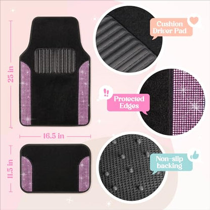 Carbella Diamond Bling Car Mats 4-Piece Set, Shiny Rhinestone Crystal Carpet Car Floor Mats, Two-Tone Floor Mats for Cars, Cute Automotive Interior Car Accessories for Women (Light Pink)