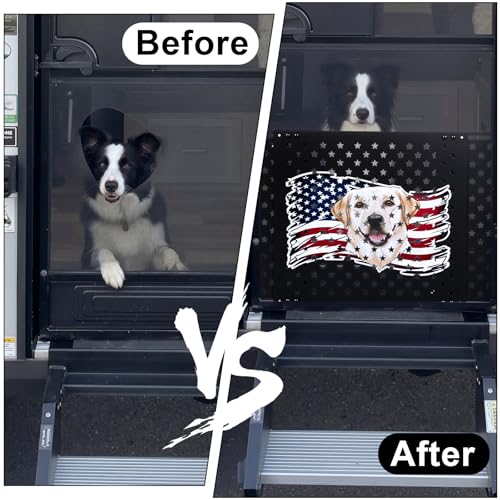18" Adjustable RV Screen Door Protector for Dogs, Aluminum RV Screen Door Guard Grille, Fits 22"-31.5" Wide Camper Entry Doors Pet Scratch Shield Barrier with USA Flag Dog Head and Star Design