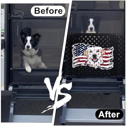 18" Adjustable RV Screen Door Protector for Dogs, Aluminum RV Screen Door Guard Grille, Fits 22"-31.5" Wide Camper Entry Doors Pet Scratch Shield Barrier with USA Flag Dog Head and Star Design