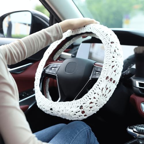 Crochet Steering Wheel Cover Set,Cute Car Steering Wheel Cover Boho 14-15in,Handmade Sunflower Granny Square Pattern,Women Car Accessories (A Wheel Cover) - color: A Wheel Cover