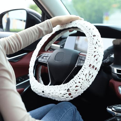 Crochet Steering Wheel Cover Set,Cute Car Steering Wheel Cover Boho 14-15in,Handmade Sunflower Granny Square Pattern,Women Car Accessories (A Wheel Cover) - color: A Wheel Cover