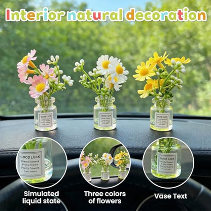 3-Pack Daisy Flower Car Decor, Cute Dashboard Mini Vase Set, for Rearview Mirror Cup Holder Desk Home Interior