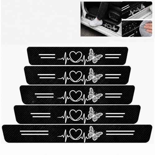 5PCS Heartbeat Line with Butterfly Car Door Sill Protector, Carbon Fiber Leather Door Sill Sticker, Anti-Scratch Scuff Plate Sticker for All Car Models,Car Accessories Decor,Gifts for Men Women - color: Heartbeat Lifeline