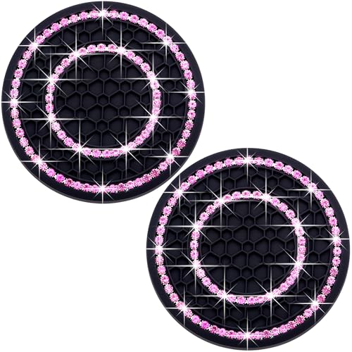 2PCS Bling Crystal Rhinestone Cup Coaster Insert, 2.75 inch Soft Silicone Anti-Slip Shockproof, Car Drink Holder Coaster, Universal Car Interior Accessories for Women (Black & Pink) - color: Black & Pink, size: 2 pcs
