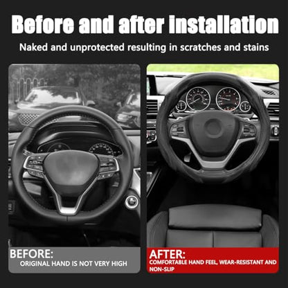 15 Inch Car Leather Steering Wheel Cover, Automotive Accessories Elastic Breathable Anti-Slip Soft Wheel Protector Fits Men and Women, Suitable for SUVs, Trucks, Vehicles and RVs (Black) - color: Black
