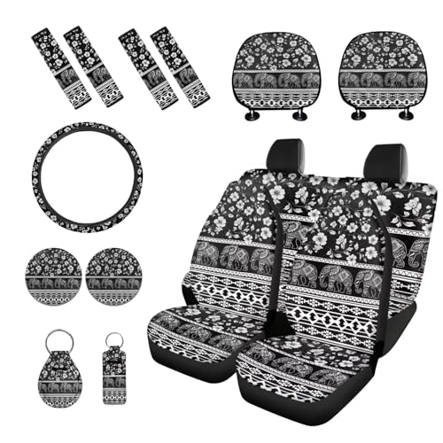 Elephant Floral Aztec White Black 15 Pcs Car Seat Cover Full Set, Protective Car Accessory Set Front Rear Seat Covers Steering Wheel Cover Seat Belt Covers Car Headrest Cover Car Coaster - color: Elephant Floral Aztec Print White Black