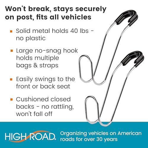 High Road Metal Car Hooks - Hard Hat Holder for Truck and Unbreakable Headrest Hooks for Car for Large Straps and Heavy Bags up to 40 lbs - Secure Attachment Loops Fit All Headrest Posts, 2-Pack