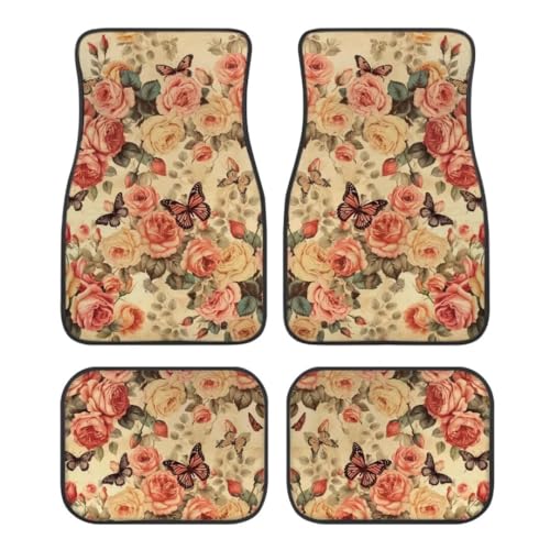 Roses and Butterflies A Print Floral Car Floor Mats Suitable for Cars SUVs Trucks,All Weather Front & Rear Automotive Floor Mats,Universal Fit Design，4 Pieces - color: Roses and Butterflies A