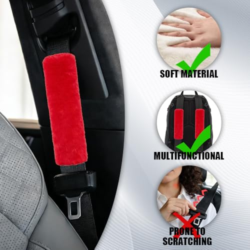 2PCS Car Seat Belt Cover Pads, Fluffy Car Seatbelt Covers, Soft & Comfortable Plush Seat Belt Cushion Protects Shoulder, Auto Safety Belt Strap Cover to Protect Your Neck (Red) - color: Red