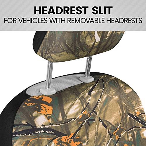 BDK Hunter Camo Car Seat Covers Full Set with Camo Steering Wheel Cover and Seat Belt Cover Pad – Forest Camouflage Pattern, Automotive Front Seat & Bench Back Seat Cover for Cars Trucks SUV - color: Hunter Camo