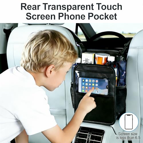 Car Purse Holder Between Seats, PU Leather Front Seat Storage Bag with Tissue Holder, Multi-Pocket Car Organizer with Touch Screen Phone Holder Cup Holders Mesh Pockets, Universal Fit for SUV Sedan