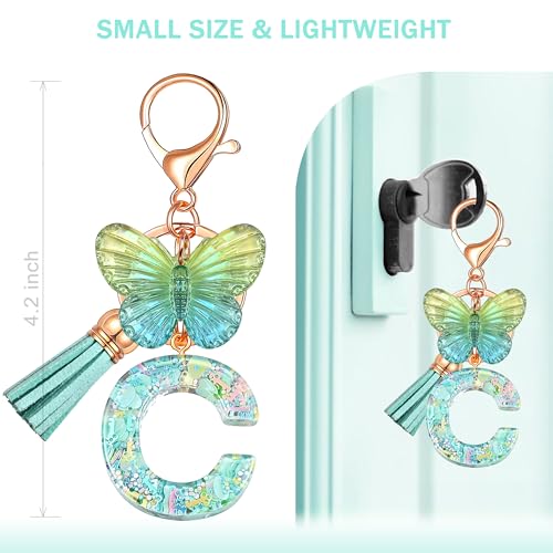 JINGUAZI Initial letter Keychains for Women Tassel Butterfly Pink Purple Cute Car Keychain for Wallet Backpack bag charm - color: C-green