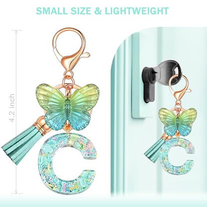 JINGUAZI Initial letter Keychains for Women Tassel Butterfly Pink Purple Cute Car Keychain for Wallet Backpack bag charm - color: C-green