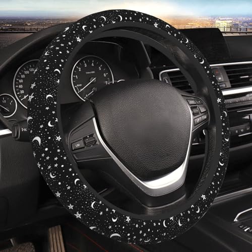 Black and White Moon and Star Car Steering Wheel Cover,Non-Slip Elastic Neoprene-Sweat Car Accessories,Universal 15 Inch Fit Auto, Vans Trucks,Suvs, Truck - color: Black And White Moon And Star