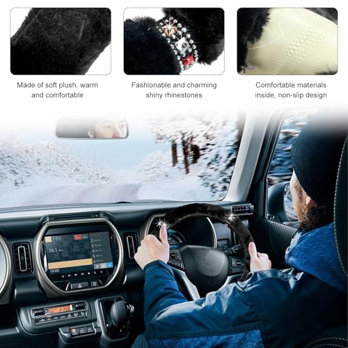 Diamond Fluffy Steering Wheel Cover, 15 Inch Bling Crystal Rhinestones Steering Wheel Protector, Winter Warm Universal Steering Wheel Pad for Women Girls, Car Accessories (Black) - color: Black