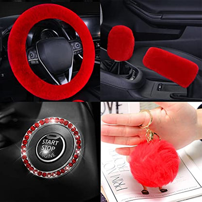 ZYNQACC 1 Set 8 Pieces Fluffy Steering Wheel Cover Set,Warm Soft Fuzzy Steering Wheel Covers for Women/Girls,Universal 15 Inches Girls Car Accessories (Red) - color: Red