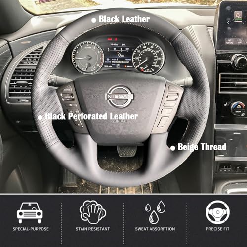 Steering Wheel Cover Hand-Stitch on Black Leather Protector Wrap for Nissan Frontier 2022-2025 Nissan Armada/Nissan NV Cargo/Nissan Titan/Patrol 2013-2022 Infiniti QX80 2014-2022